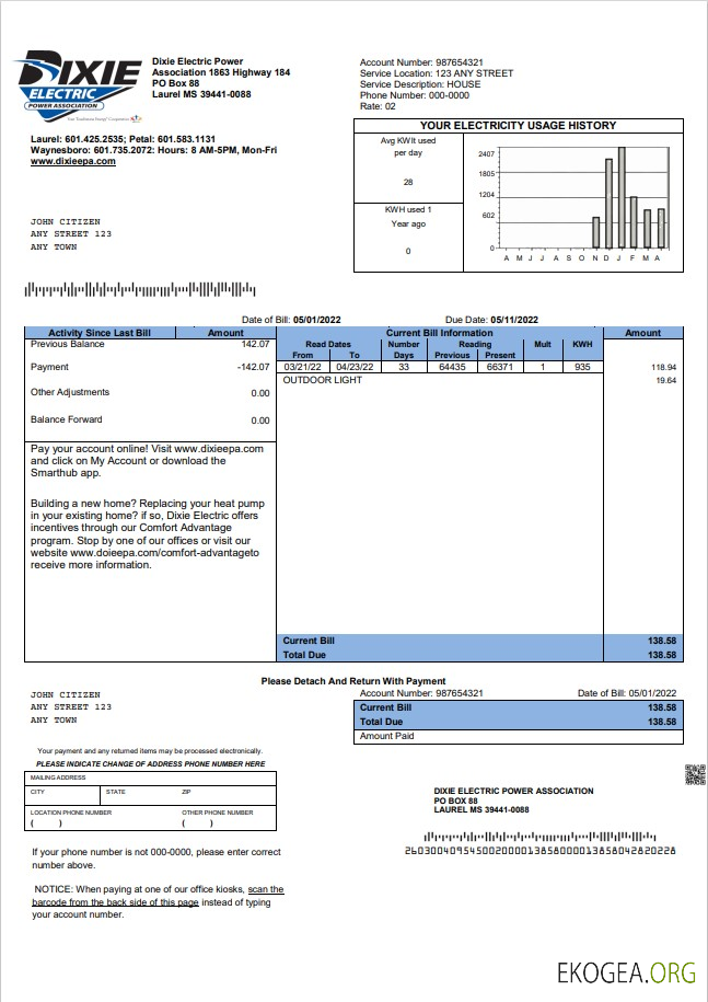 USA Mississippi Dixie Electric utility bill template in Word and PDF format